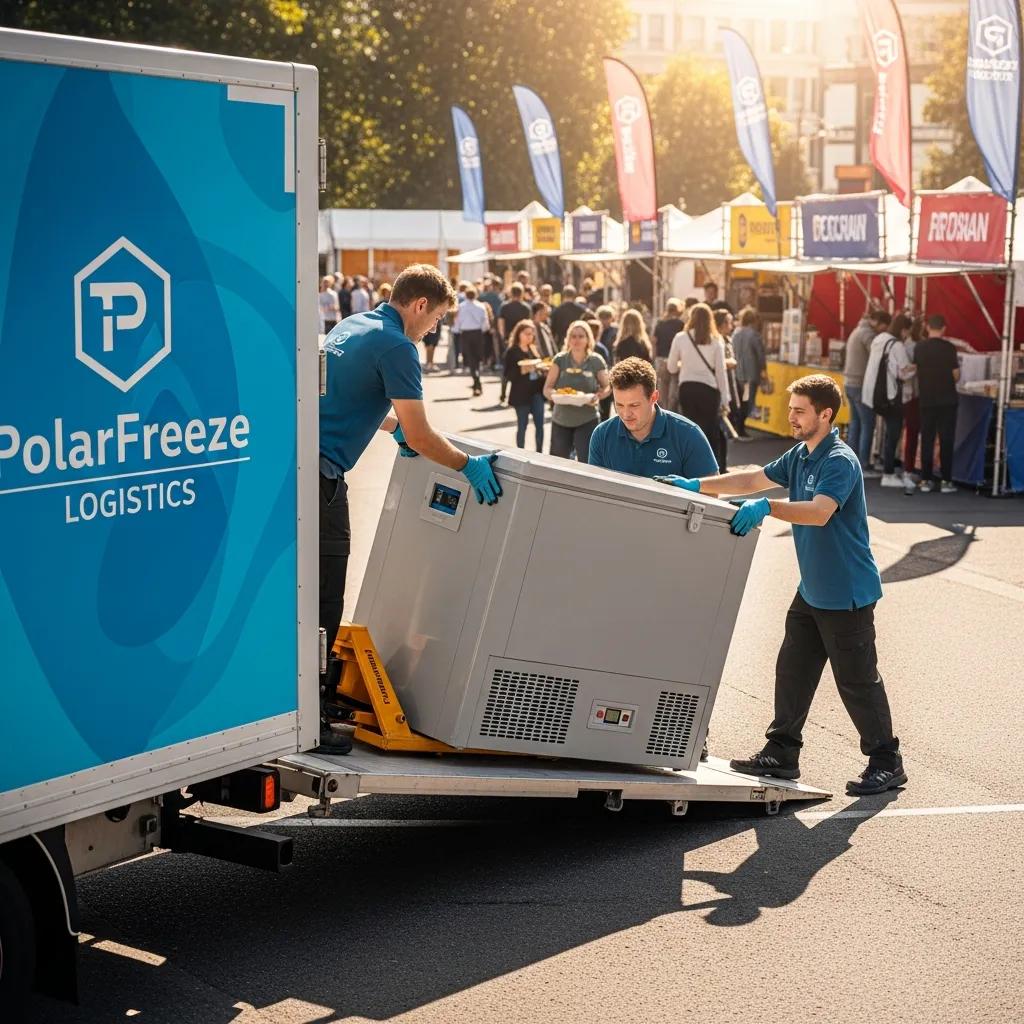 Delivery of a portable freezer to an event location for temporary cold storage